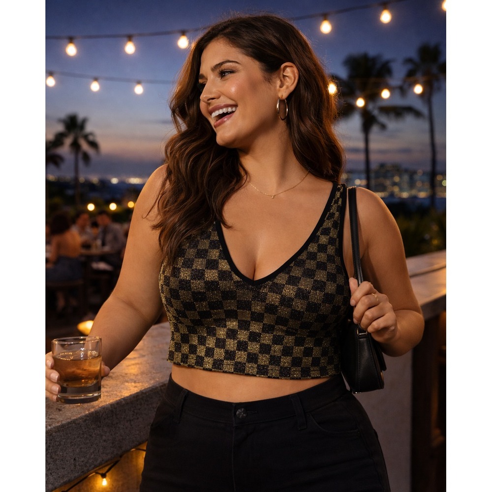NWT Free People Intimately Women Y2K Night Out Glitter Checkerboard Crop Top M/L
